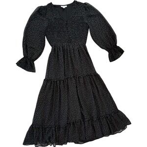 TOPSHOP Black Polka Dot Midi Dress Puff Sleeve Tiered Ruffle Size 4 Peasant‎
